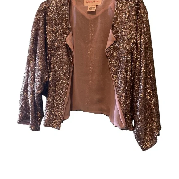 Stitch & Knot Sequin Cropped Jacket Brown Open Front Lined Cardigan Long Sleeves - Picture 2 of 5